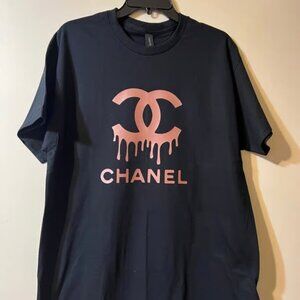 Dripping Double C Logo Graphic T-Shirt Rose Gold Black Cotton Tee Women Men